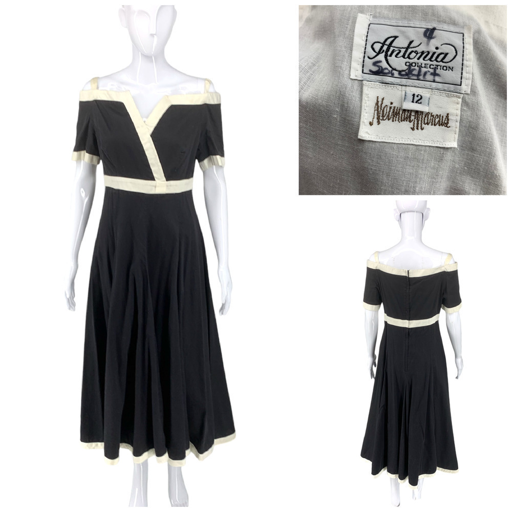 Vintage Antonia Collection Neiman Marcus Sz 12 Black & White Off Shoulder Dress